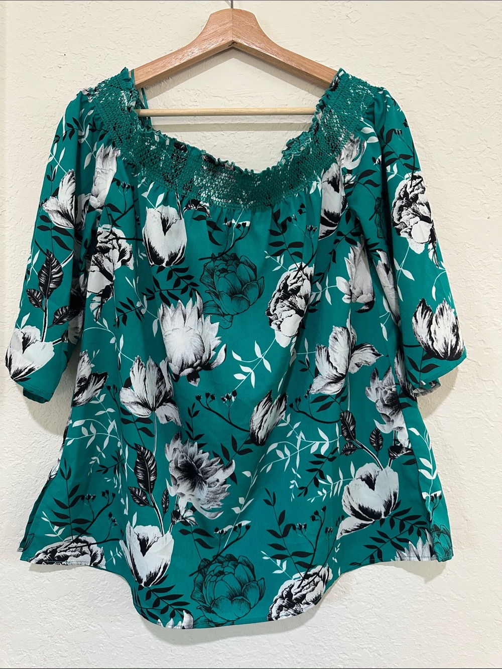 Floral Smocked Off-Shoulder Tunic in Teal